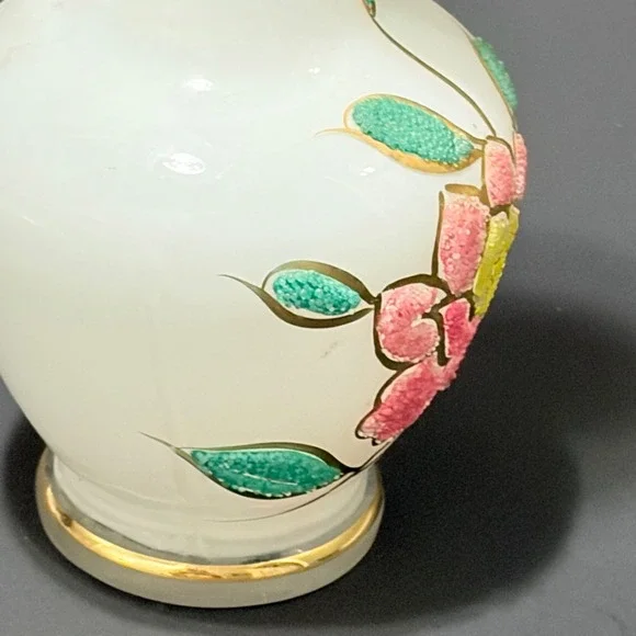 Vtg Satin Frosted Glass 8" Bud Vase Sugar Bead Floral Hand Painted Gold Trim - Picture 8 of 16